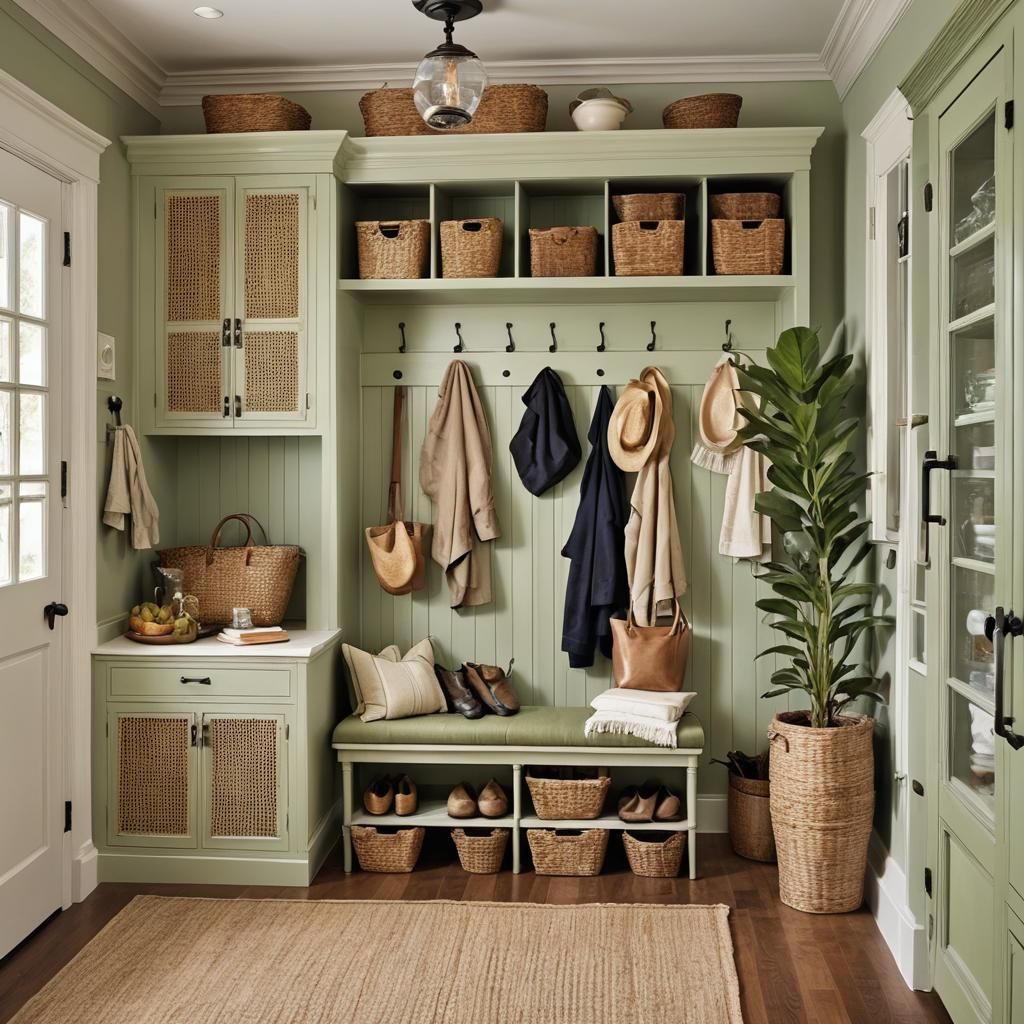 Elegant Mudroom Design Featuring Woven Cane Cabinetry