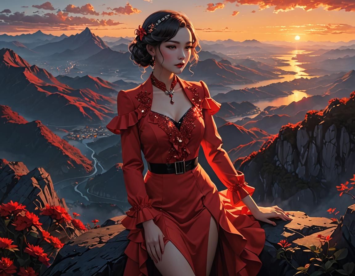 Sunrise Mountain View with 1930s Dress, Anime Art