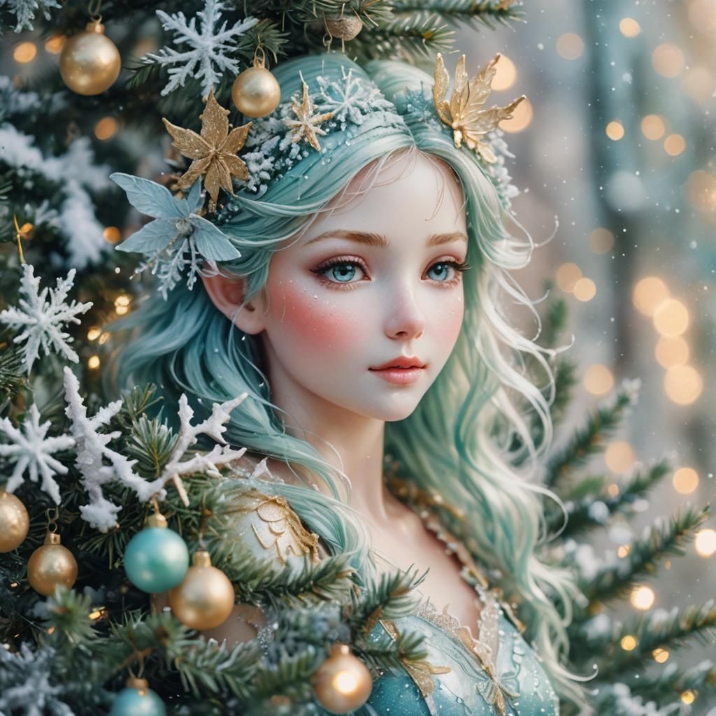 Snow Fairy Decorating Christmas Tree in Pastel Colors
