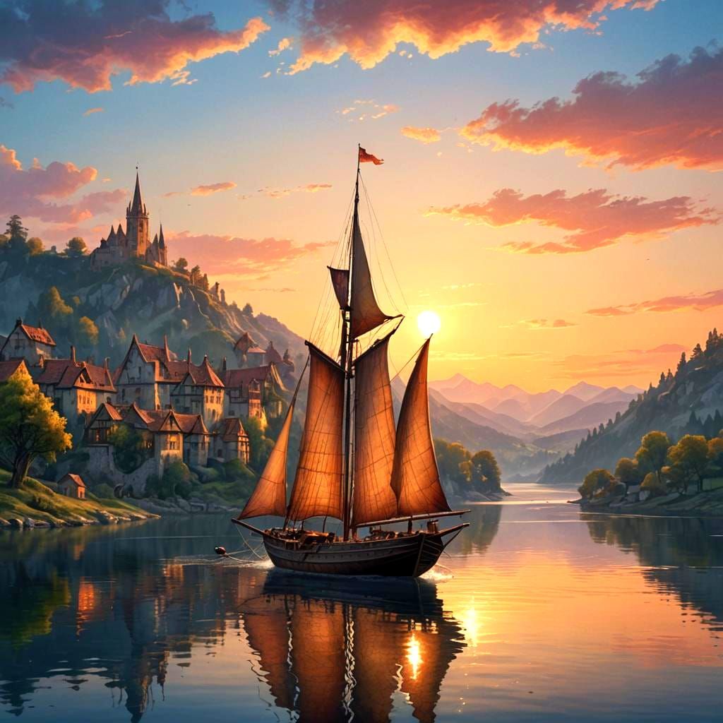 15th Century Sailboat on Lake at Dusk in Watercolor