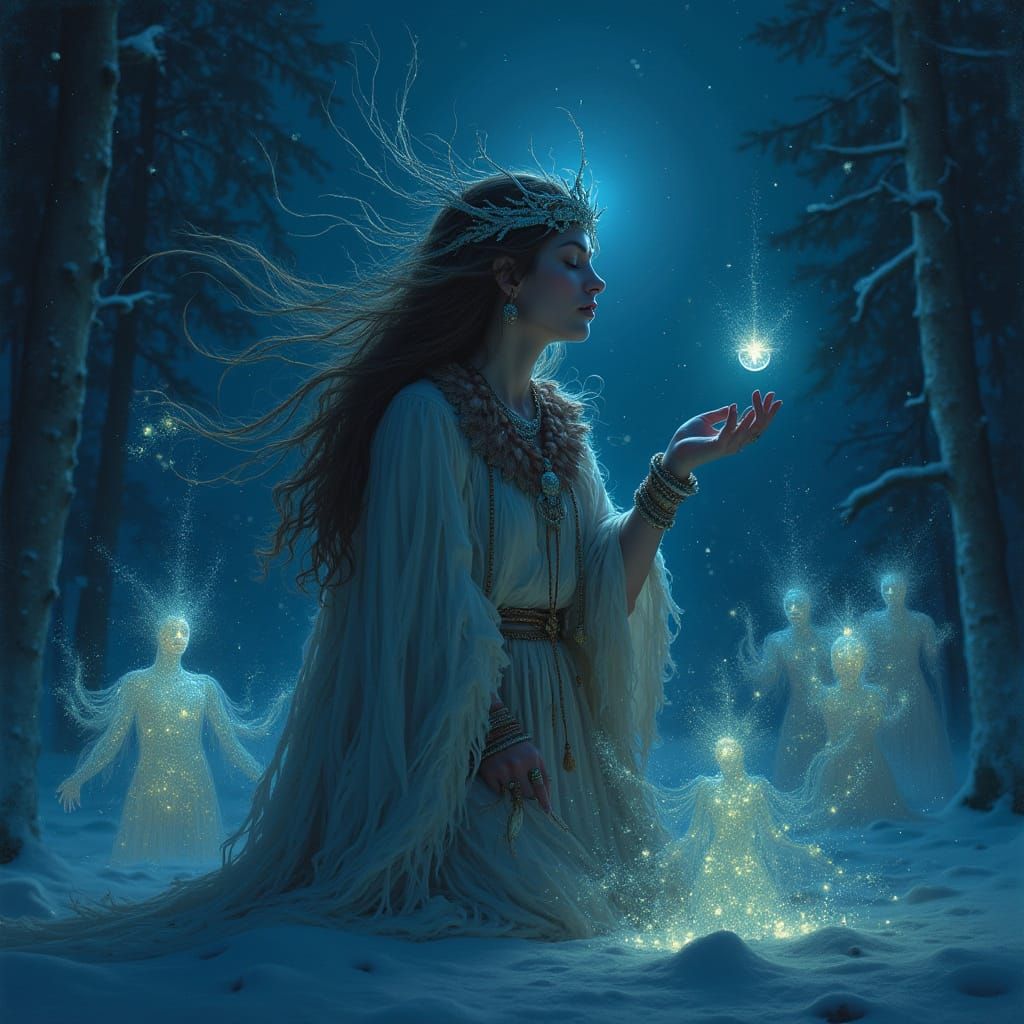 Sami Shaman Connects with Spirits Under Midnight Light