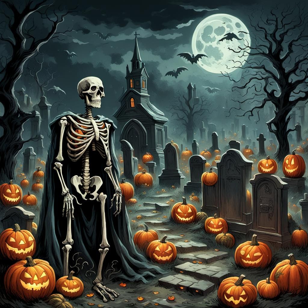 Creepy Graveyard Skeleton with Pumpkins and Ghosts