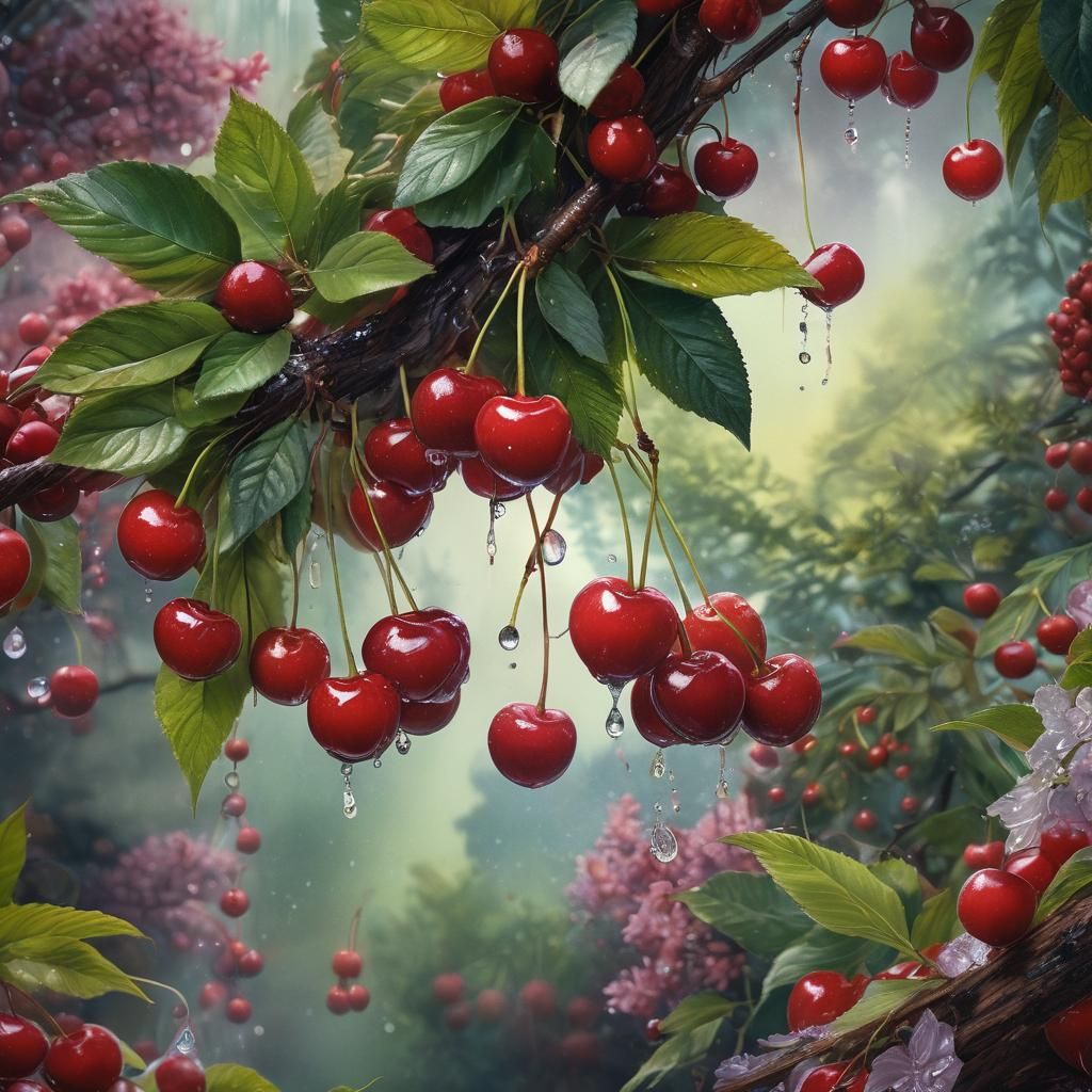 Vibrant Cherries with Condensation as Watercolour Painting
