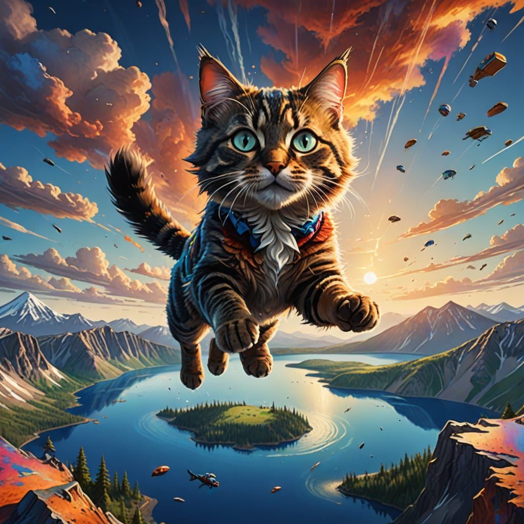 Cat Skydiving Over Crater Lake in Vibrant Colors