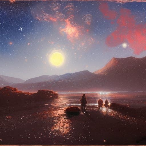 Starry Night Sky Landscape with Red Moon