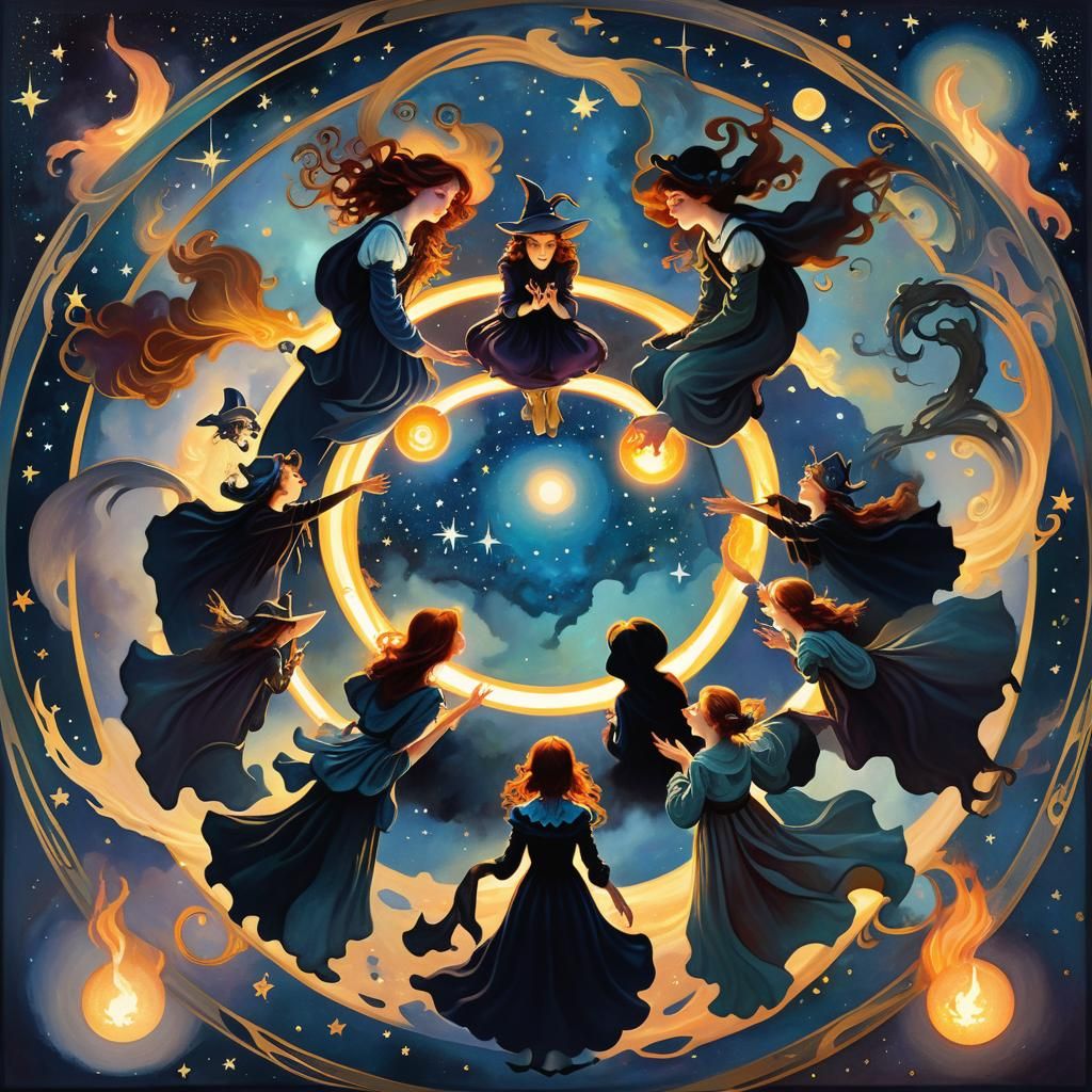 Mystical Witches Circle Under Starry Night Sky