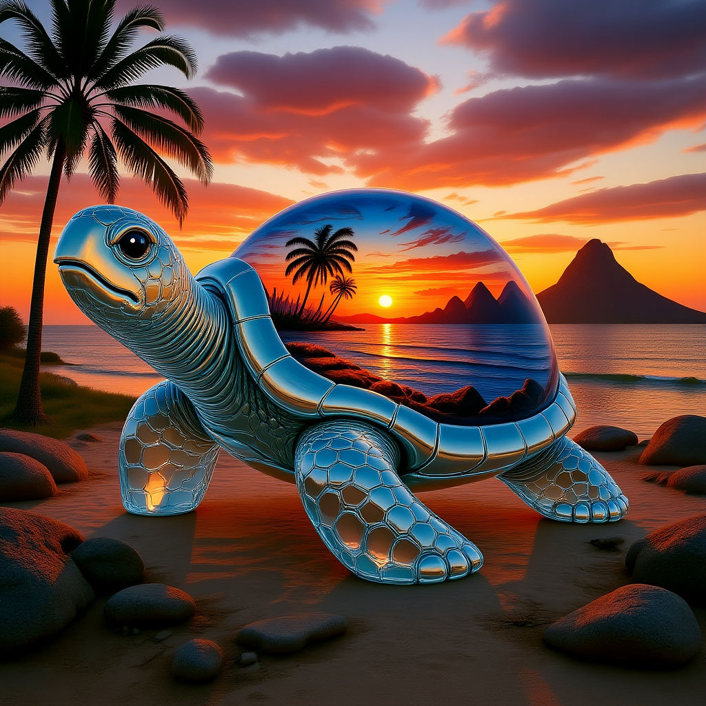 Glass Turtle Sculpture With Sunset Sky and Mountain Vista