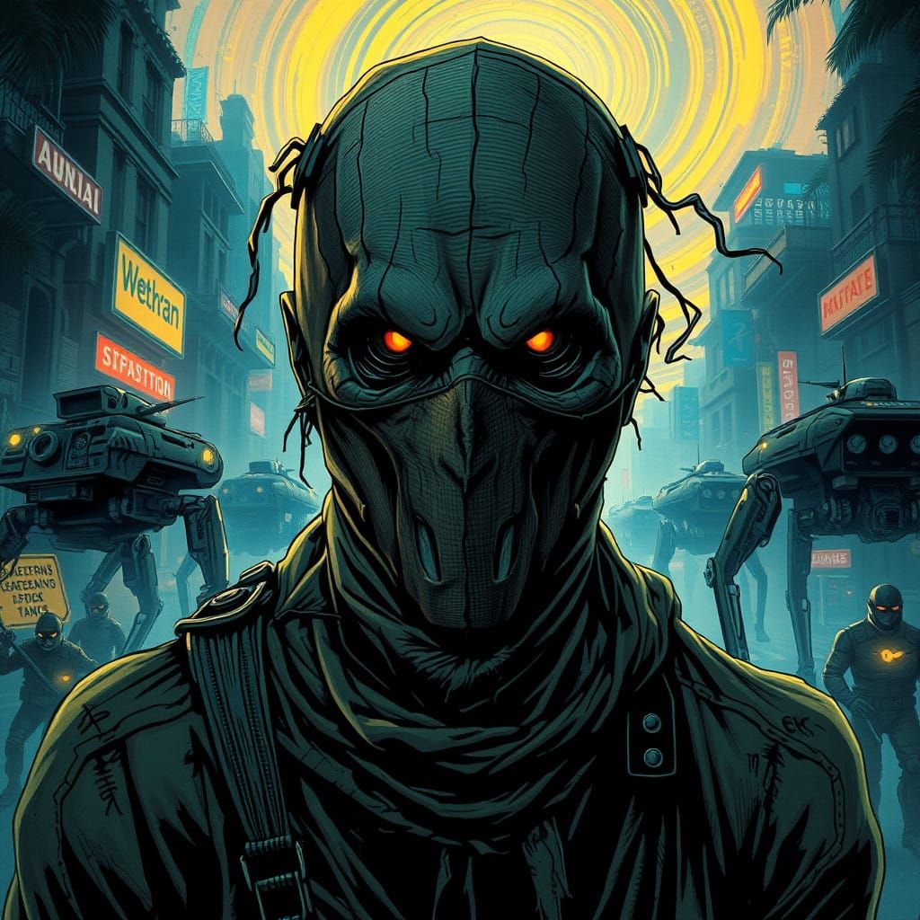 Cyberpunk Scarecrow Portrait in Dystopian Cityscape