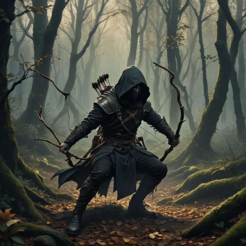 Hooded Archer in Dark Forest, Fantasy Art