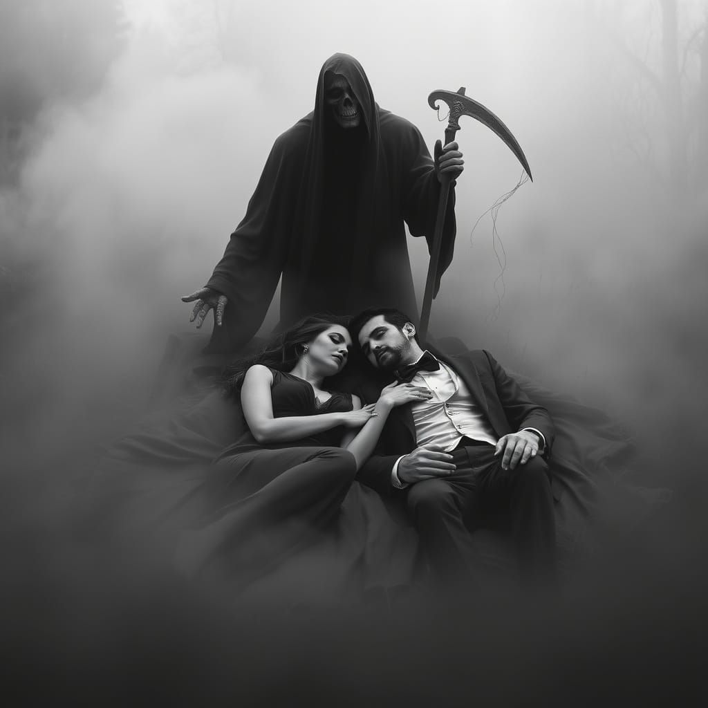 Elegant Couple Surrounded by Ominous Fog in Film Noir Style