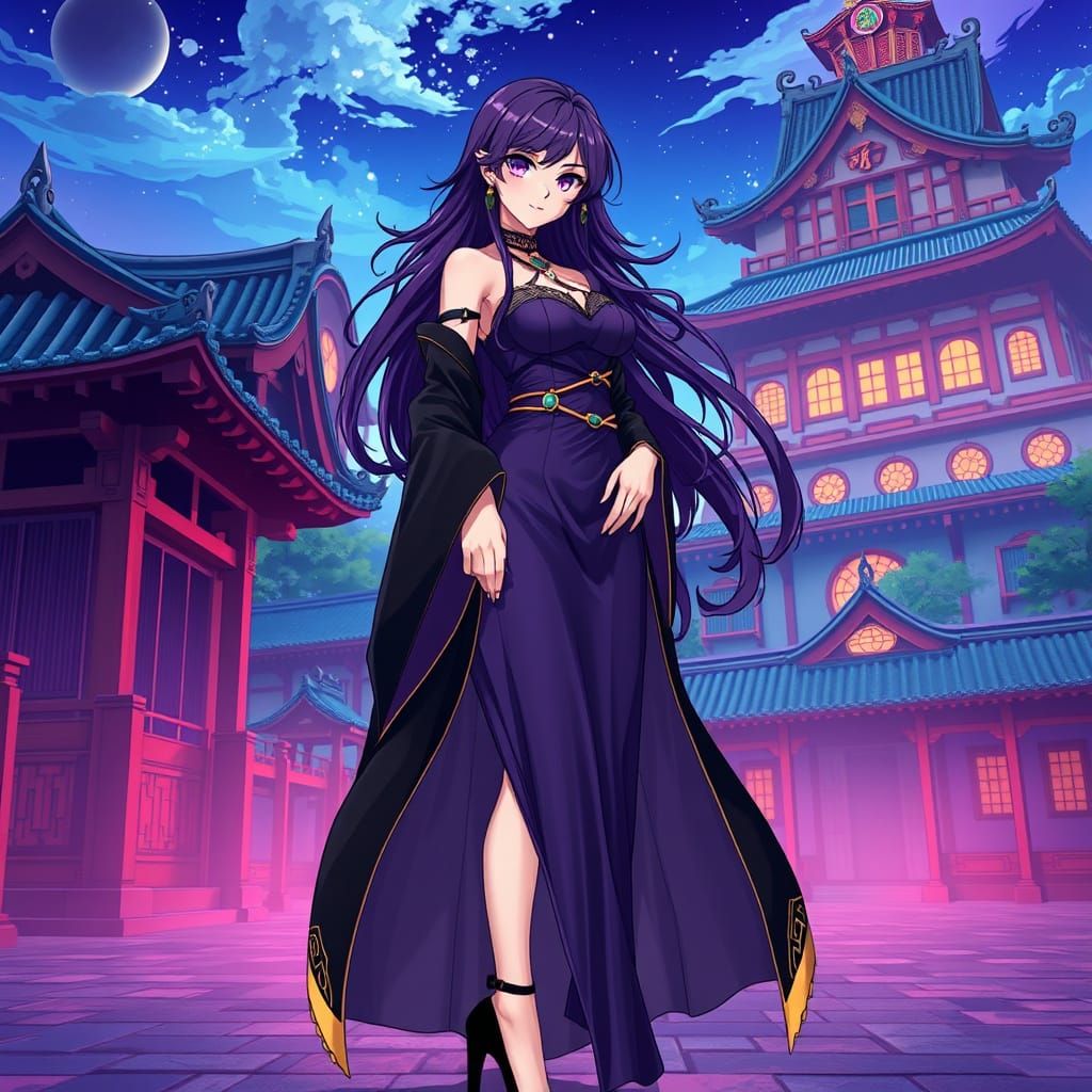 Elegant Anime Woman in Japanese Castle, Manga Style