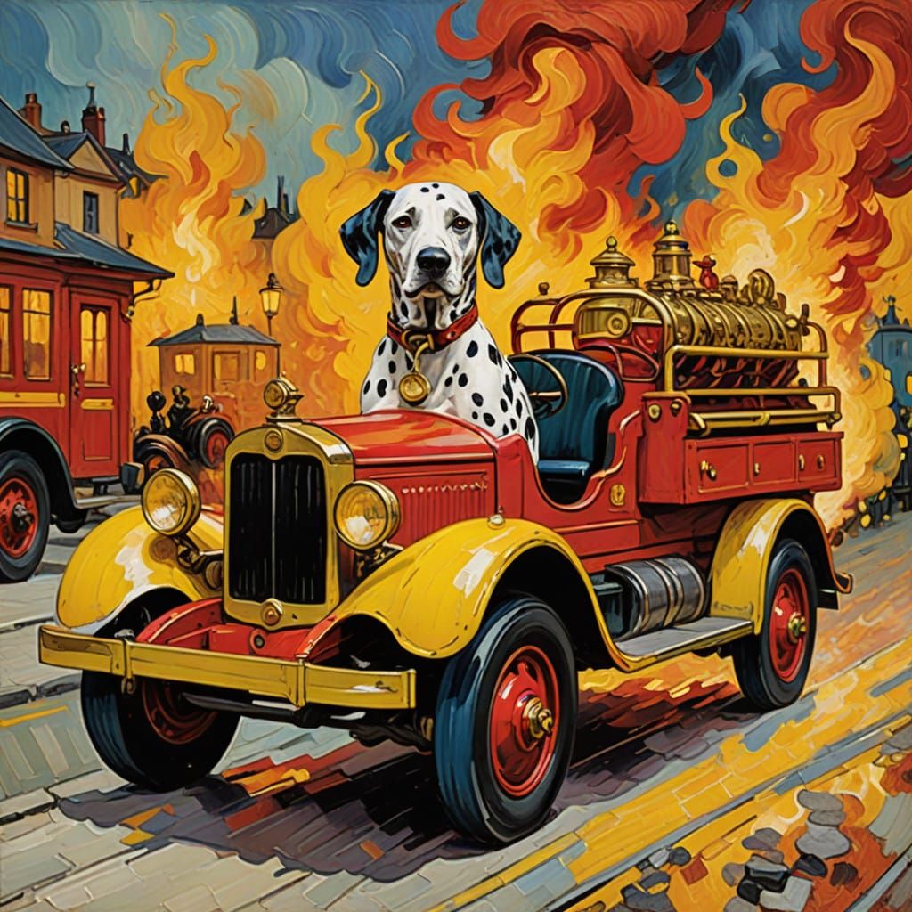 Dalmatian Firefighter Drives Vintage Firetruck in Neo-Impres...