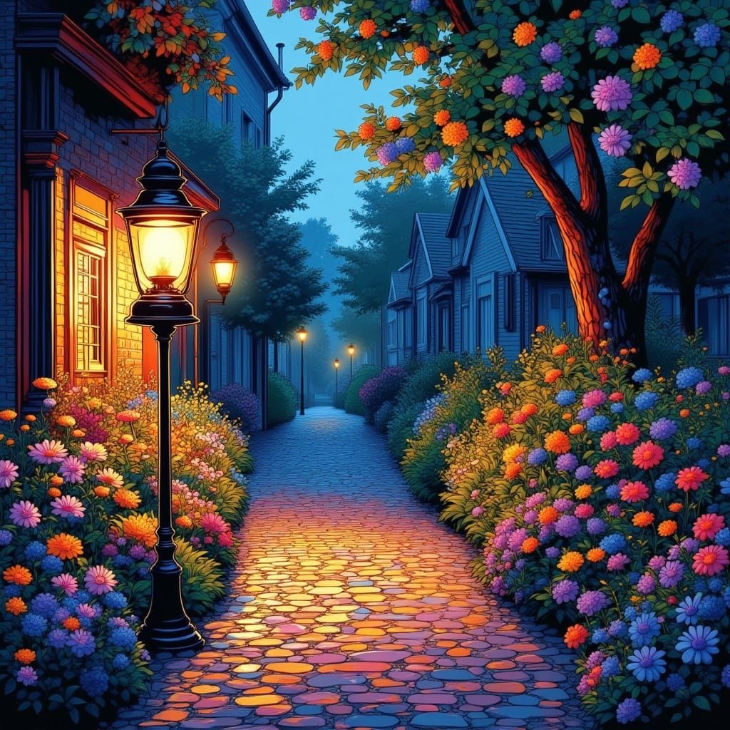 Old Lantern Glow on Wildflower Path in Pop Art Style