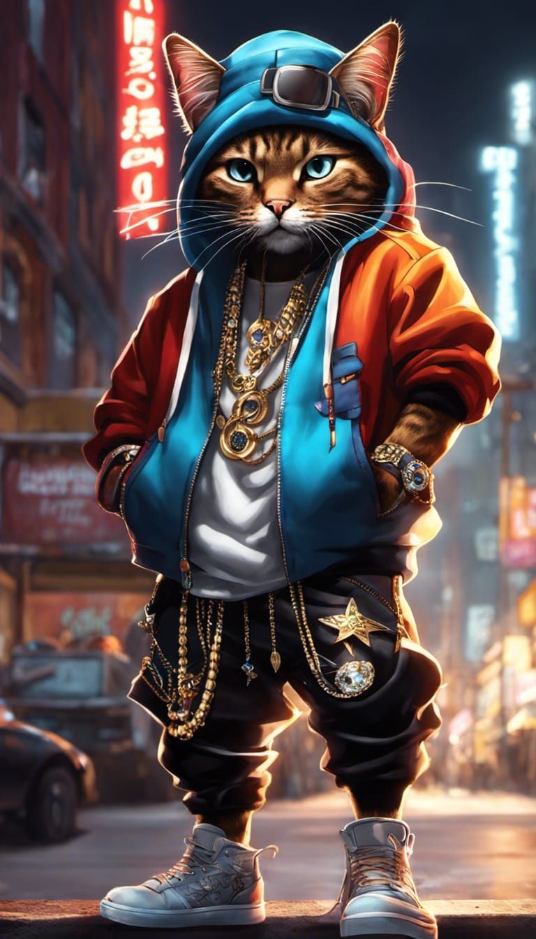 Anthropomorphic Cat Rapper in Urban Graffiti Setting