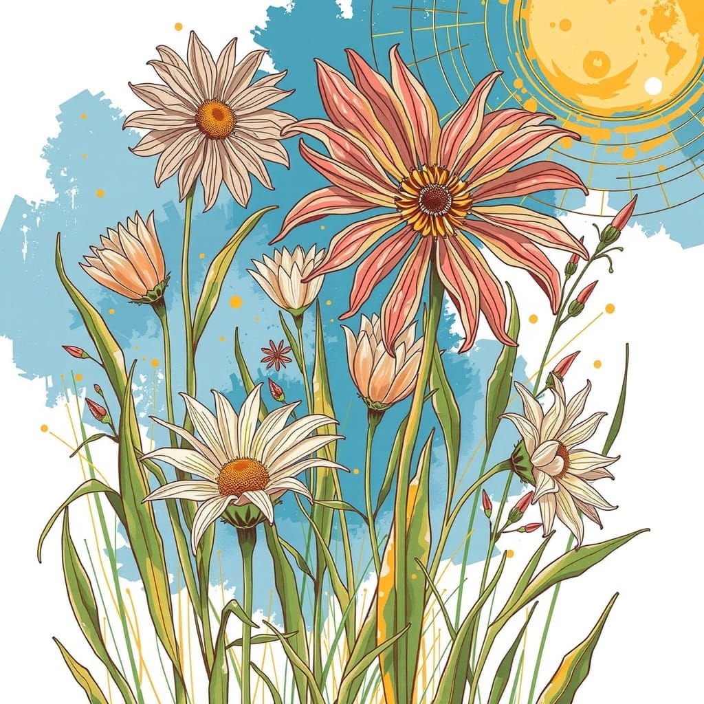 Summer flowers growing on a hot sunny day. drawn with callig...