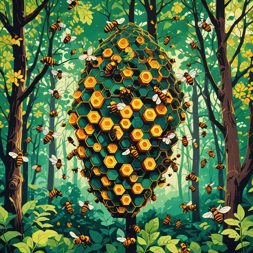 Geometric Bauhaus Beehive in Lush Forest