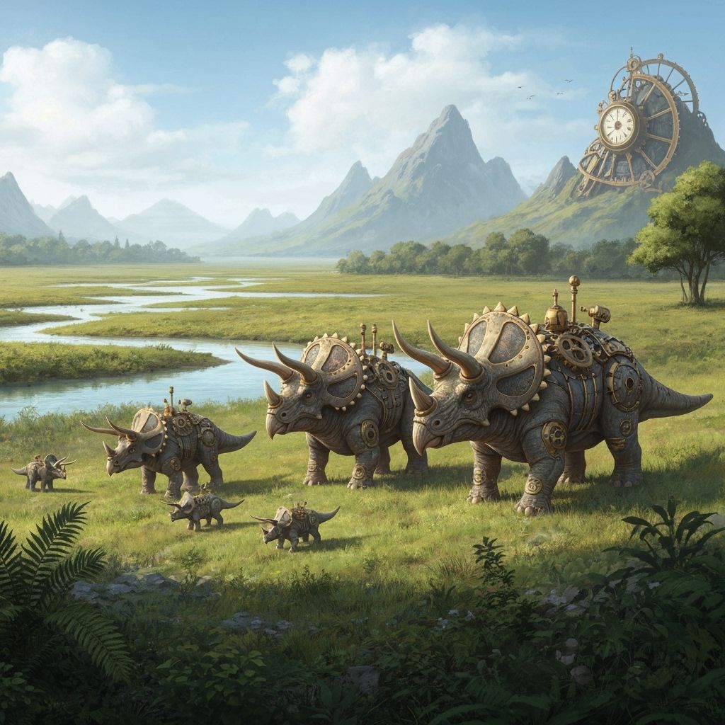Steampunk Triceratops Family in Victorian Floodplain Digital...