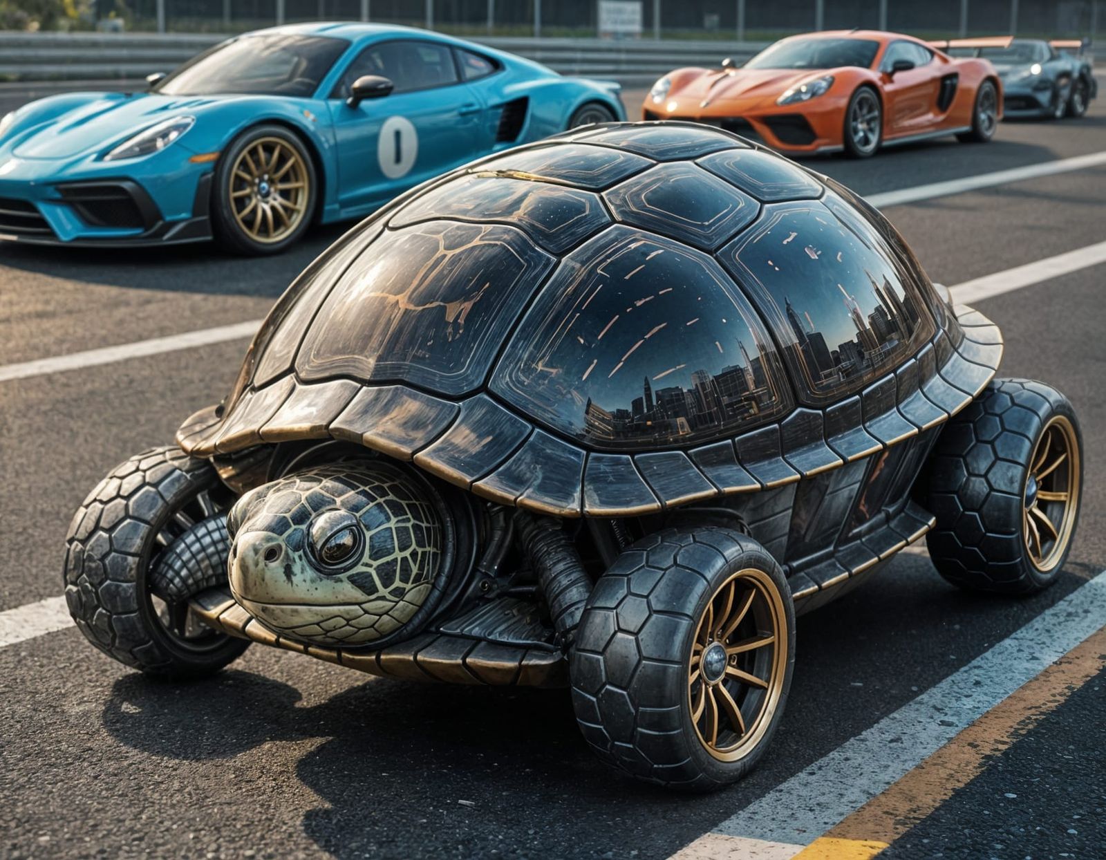 Comic-Style Turtle Racer on High-Speed Racetrack