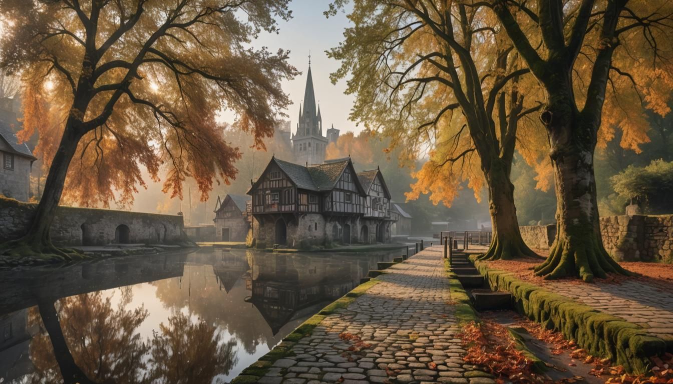 Medieval City at Dawn with Autumn Foliage