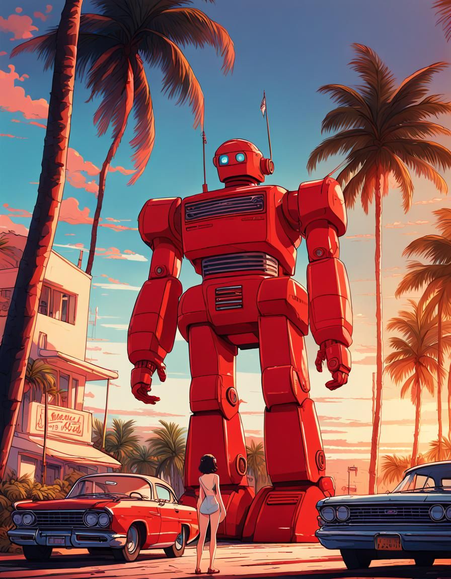 Giant Robot on Miami Beach in Anime Style