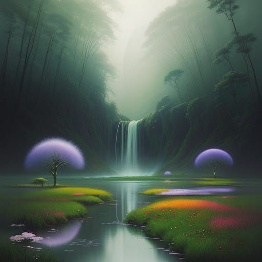 Ethereal River Goddess in Dreamlike Landscape
