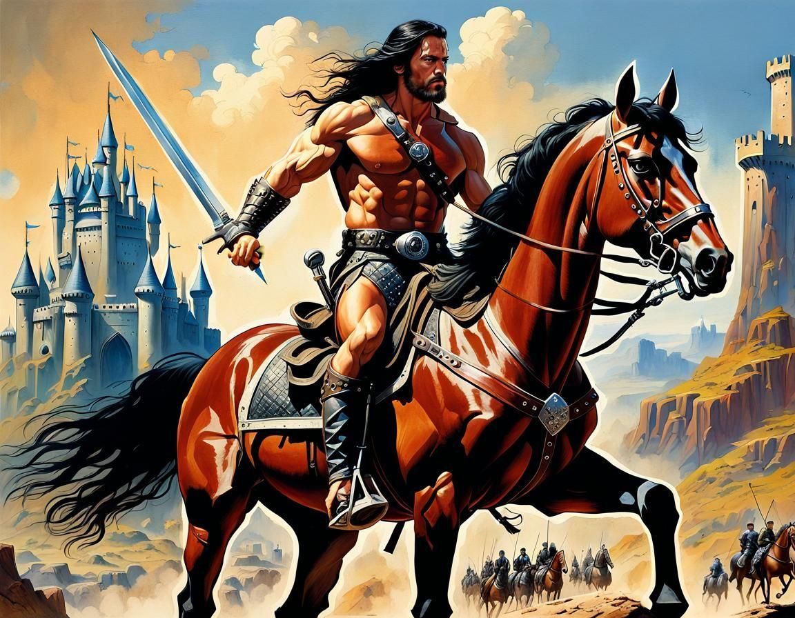 Armored Barbarian Horseback Charge in Fantasy Art Style