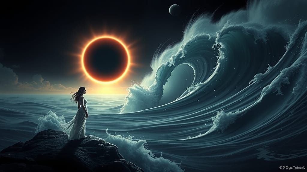 Woman and Tsunami at Solar Eclipse: Rutkowski Style