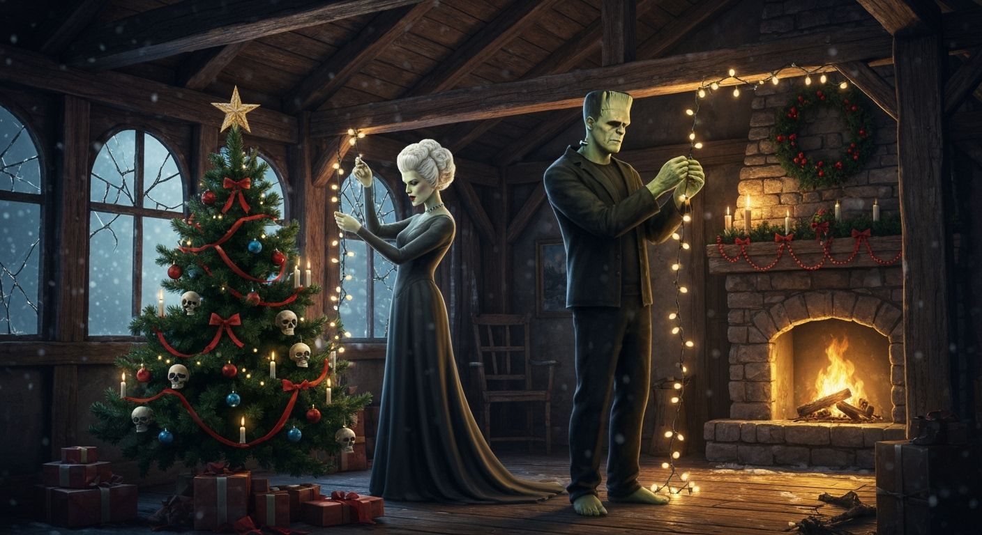 Frankenstein Couple Decorates Rustic Hut for Christmas