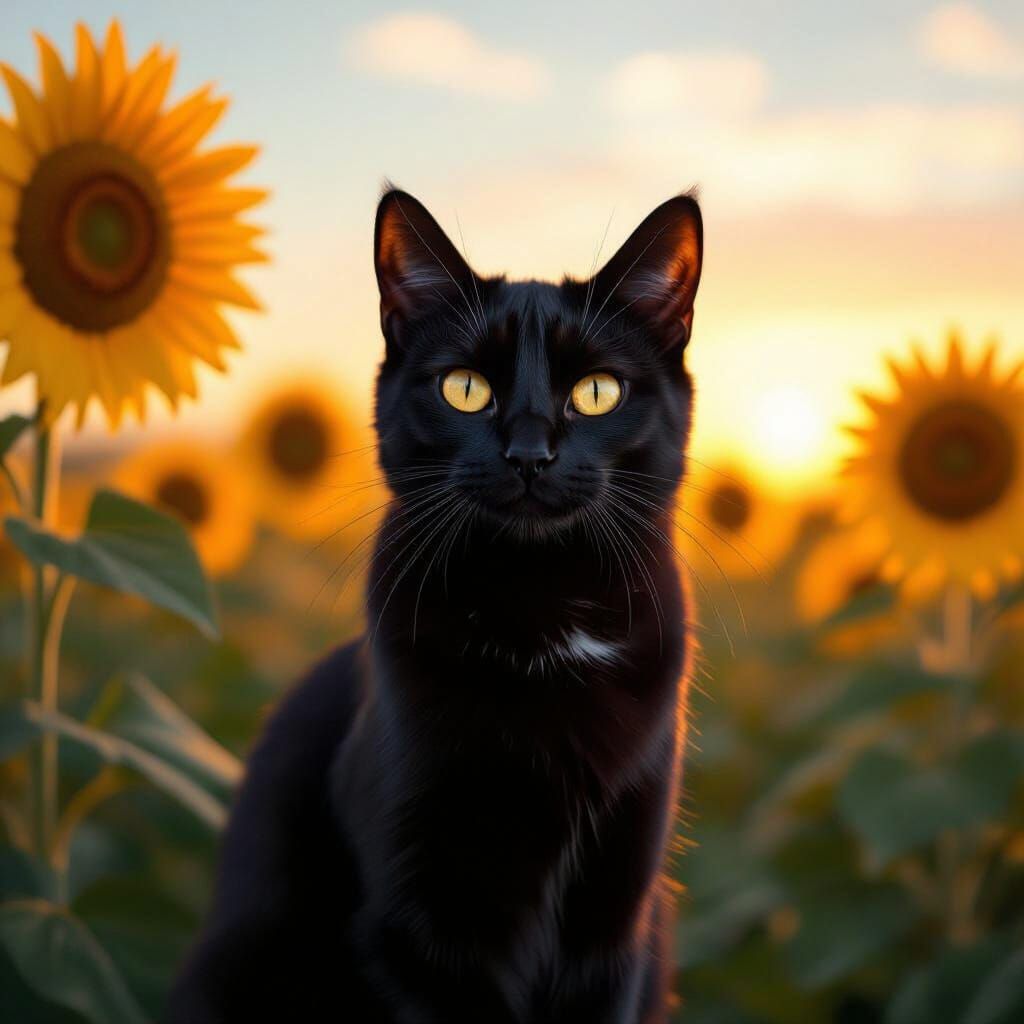 Black Cat in Sunflower Field, Digital Portrait