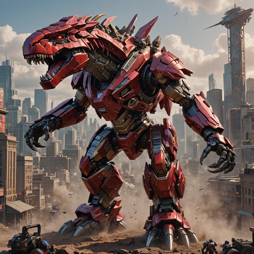 Red Tyrannosaurus Rex Mecha Zord Fighting Monster