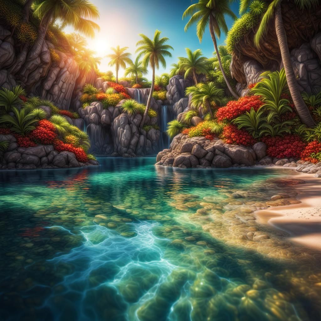 Vibrant Island Oasis in Hyperrealistic Style