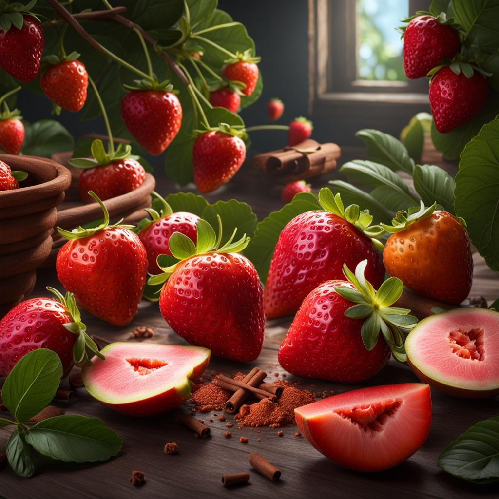 Photorealistic Still Life with Strawberry, Guava, and Spices
