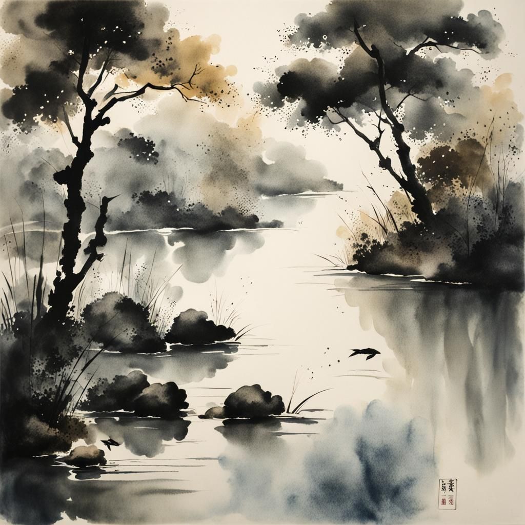 Fish in Pond: Muted Chinese Ink Painting