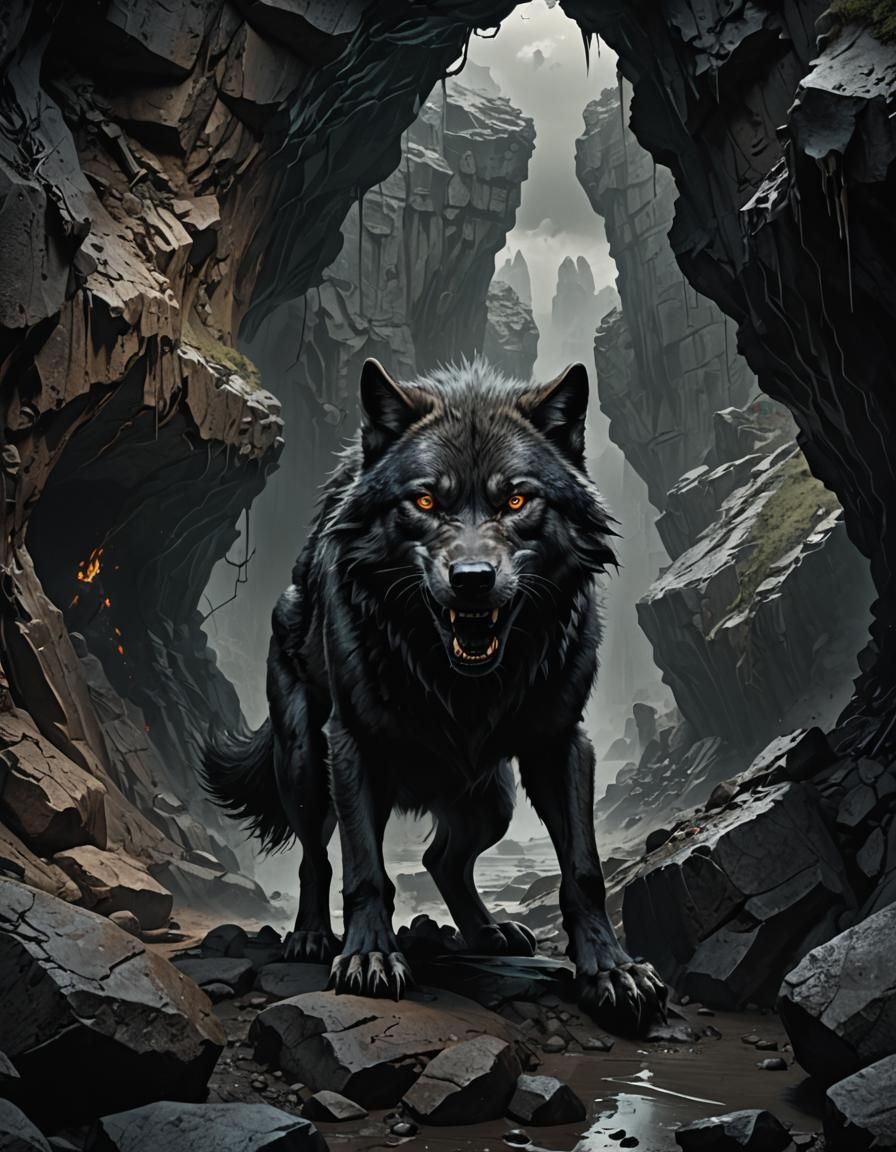 Sinister Black Wolf Ready to Leap from Cave