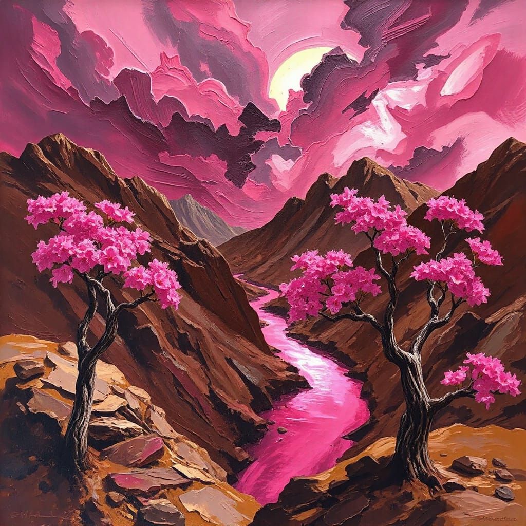 Dramatic Expressionist Oil Painting of Rugged Landscape