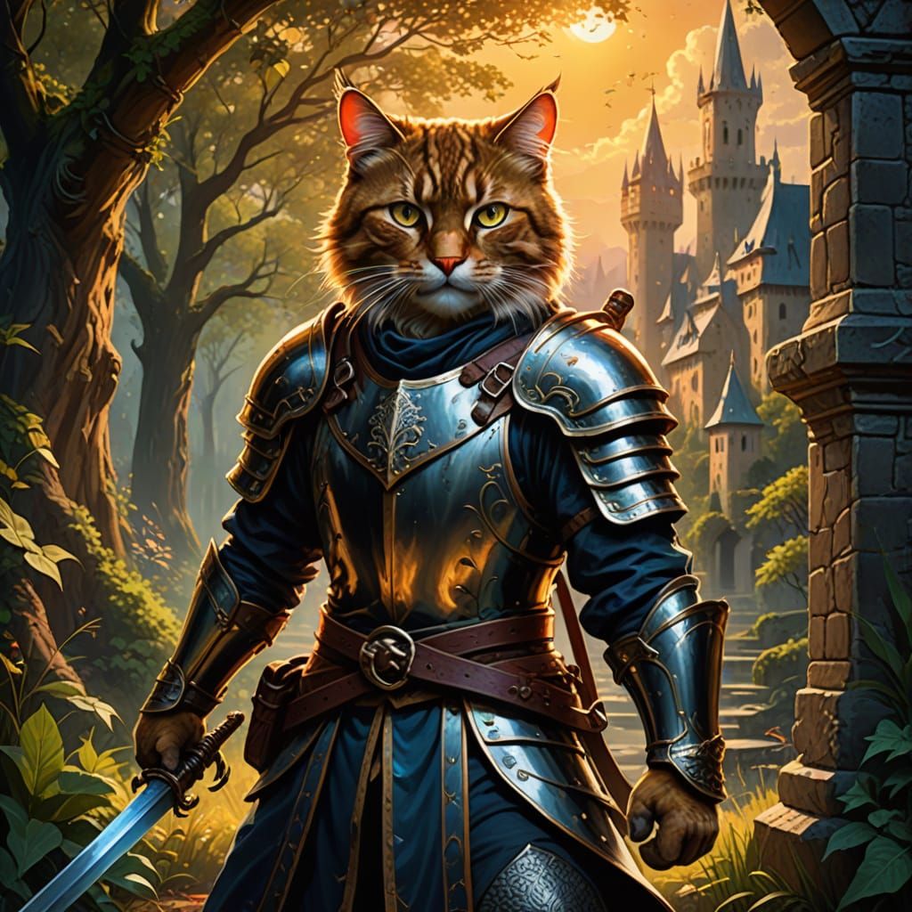 Majestic Cat Warrior in Oil Painting-Inspired Realism
