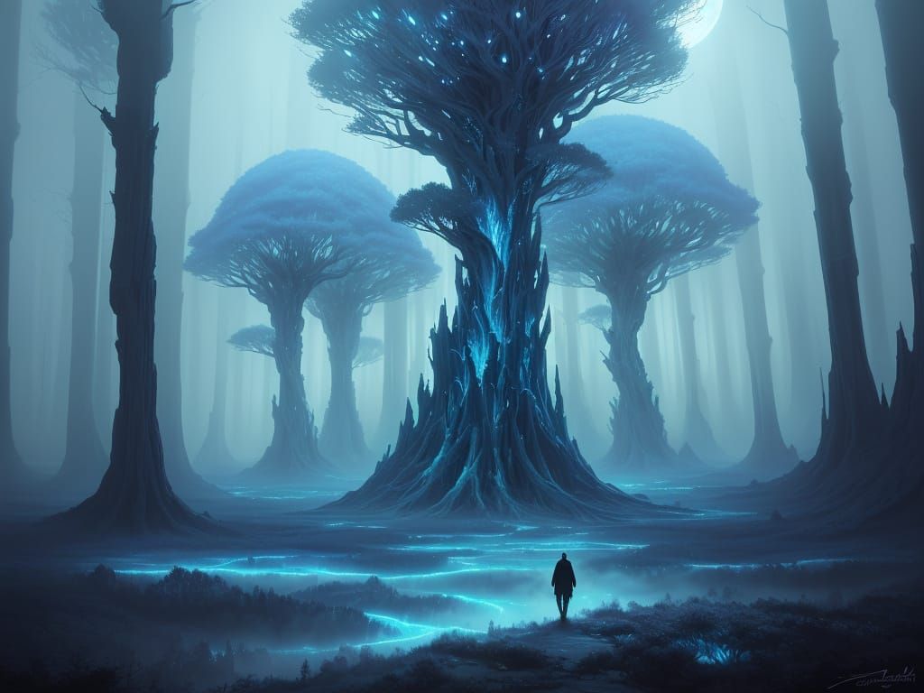Surreal Forest with Giant Neurons and Ethereal Glow
