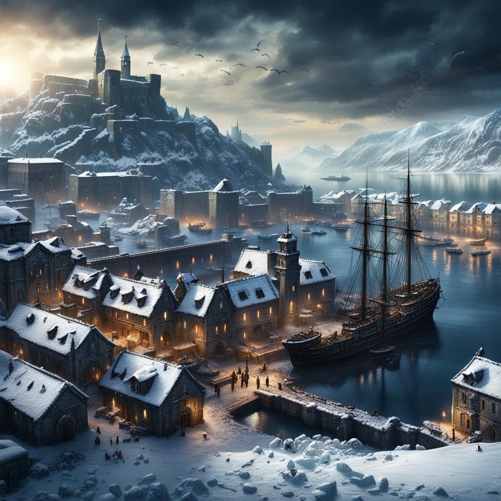 Icy Medieval Croatian Port City in Dark Fantasy