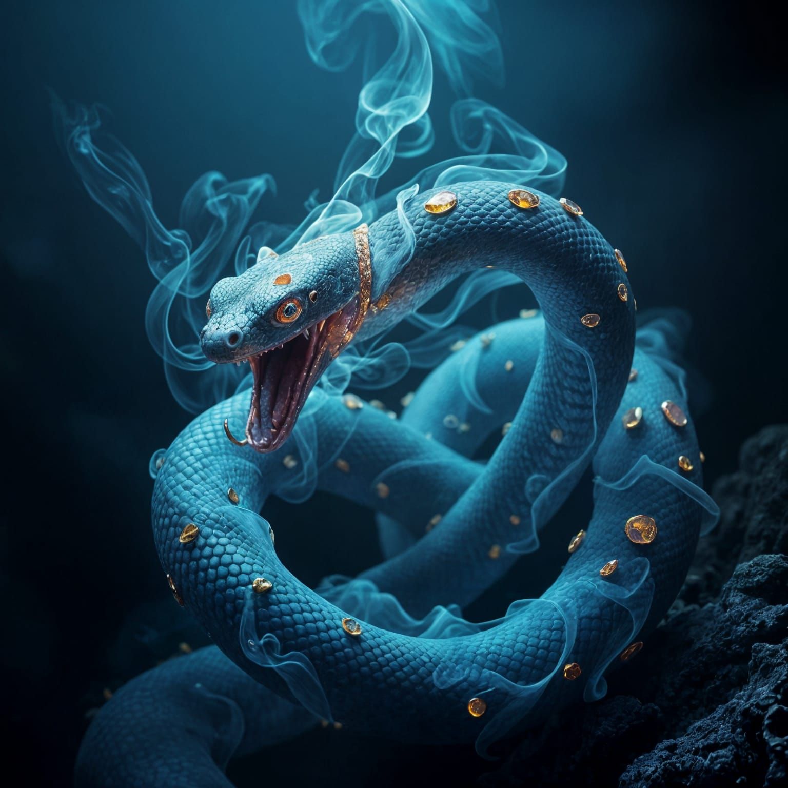 giant snake formed from smoke and precious stones