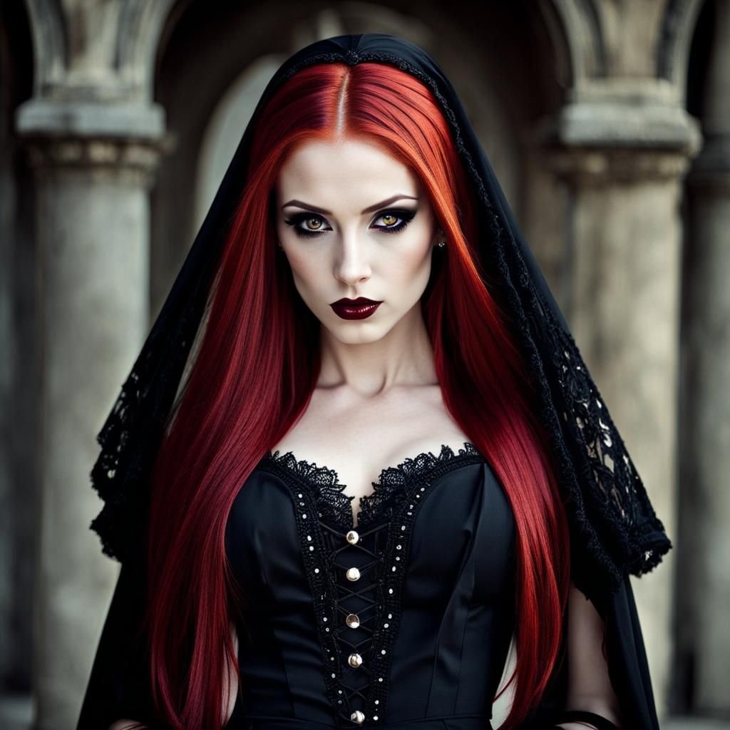 Stunning Vampire in Gothic Dress with Red Hair