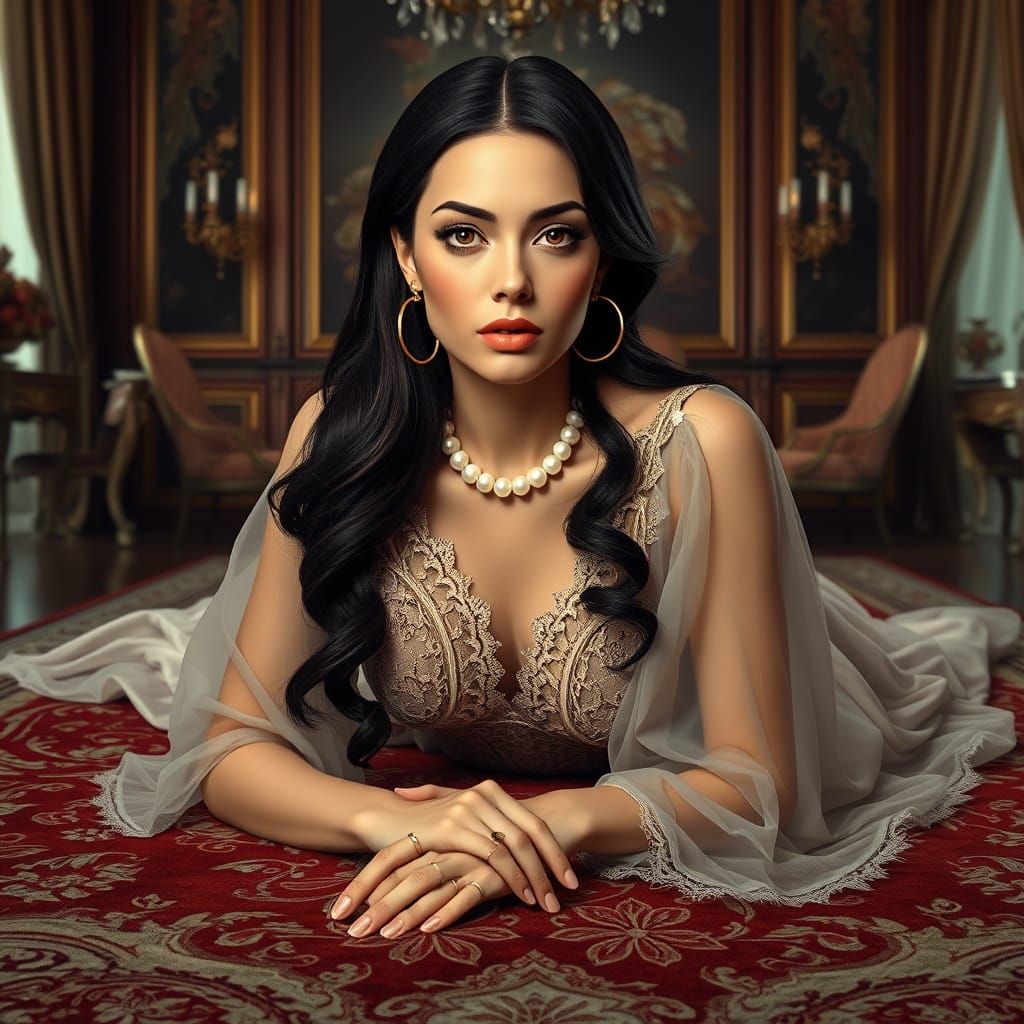 Elegant Woman in Tintin-Inspired Luxury Rug Scene