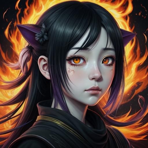 Anime Cat with Wind-Up Key Surrounded by Flames