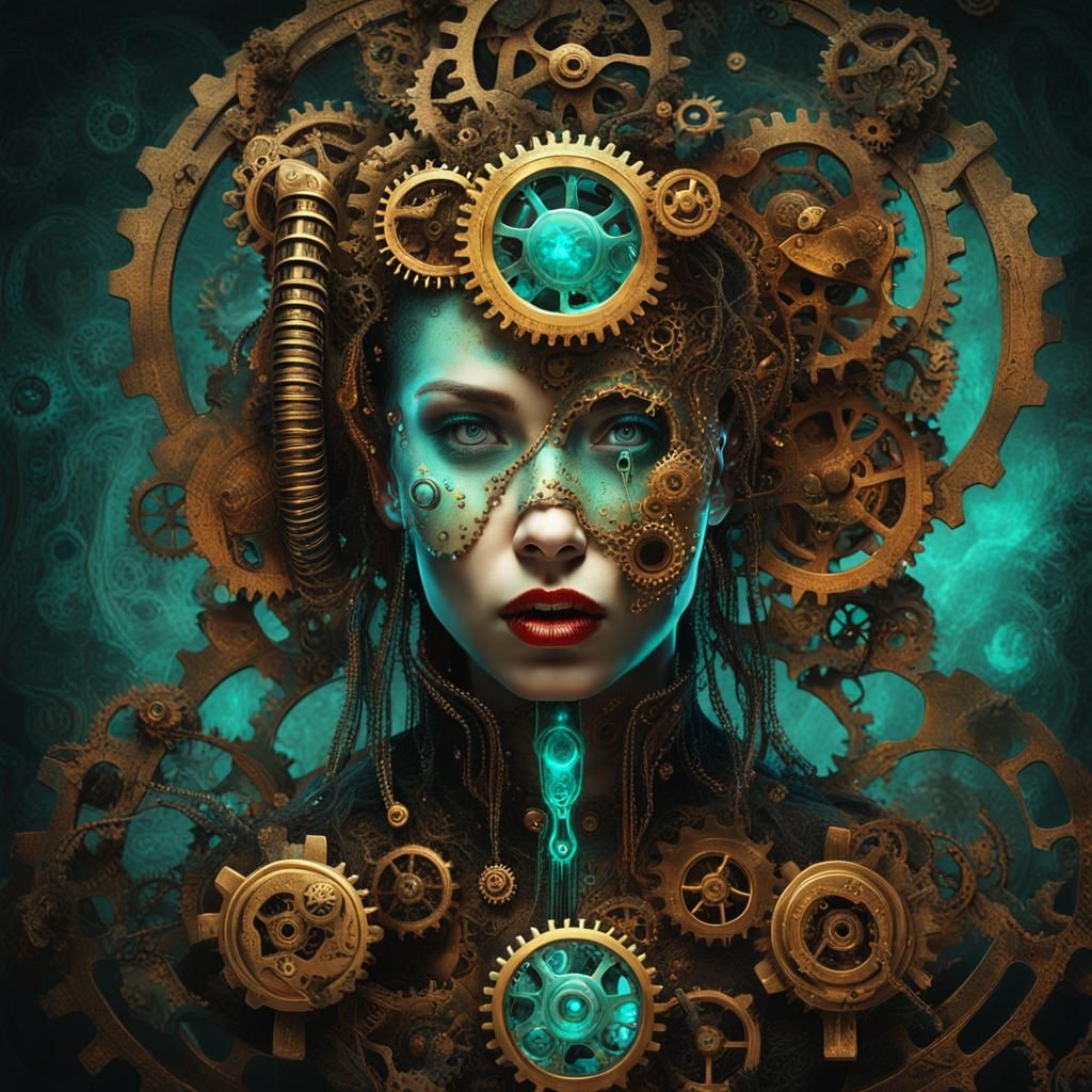 Surreal Steampunk Goddess Unveiled in Golden Glow