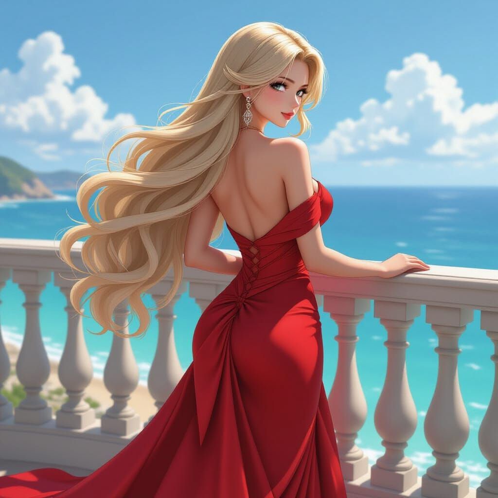Realistic Anime Woman with Long Blonde Hair on Balcony