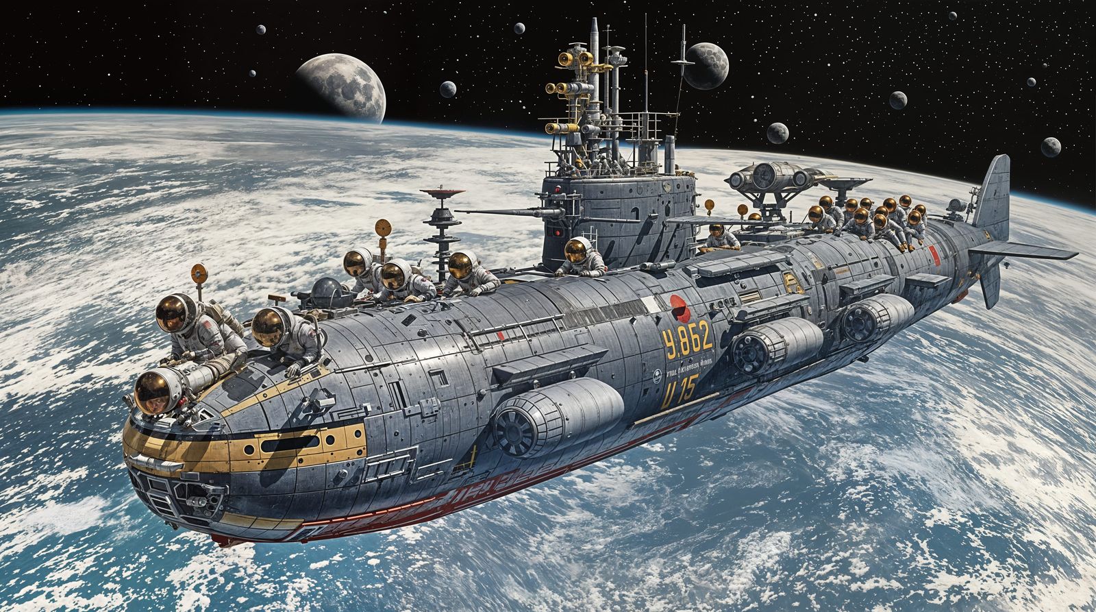 Astronauts Repairing Submarine Spacecraft Above the Moon