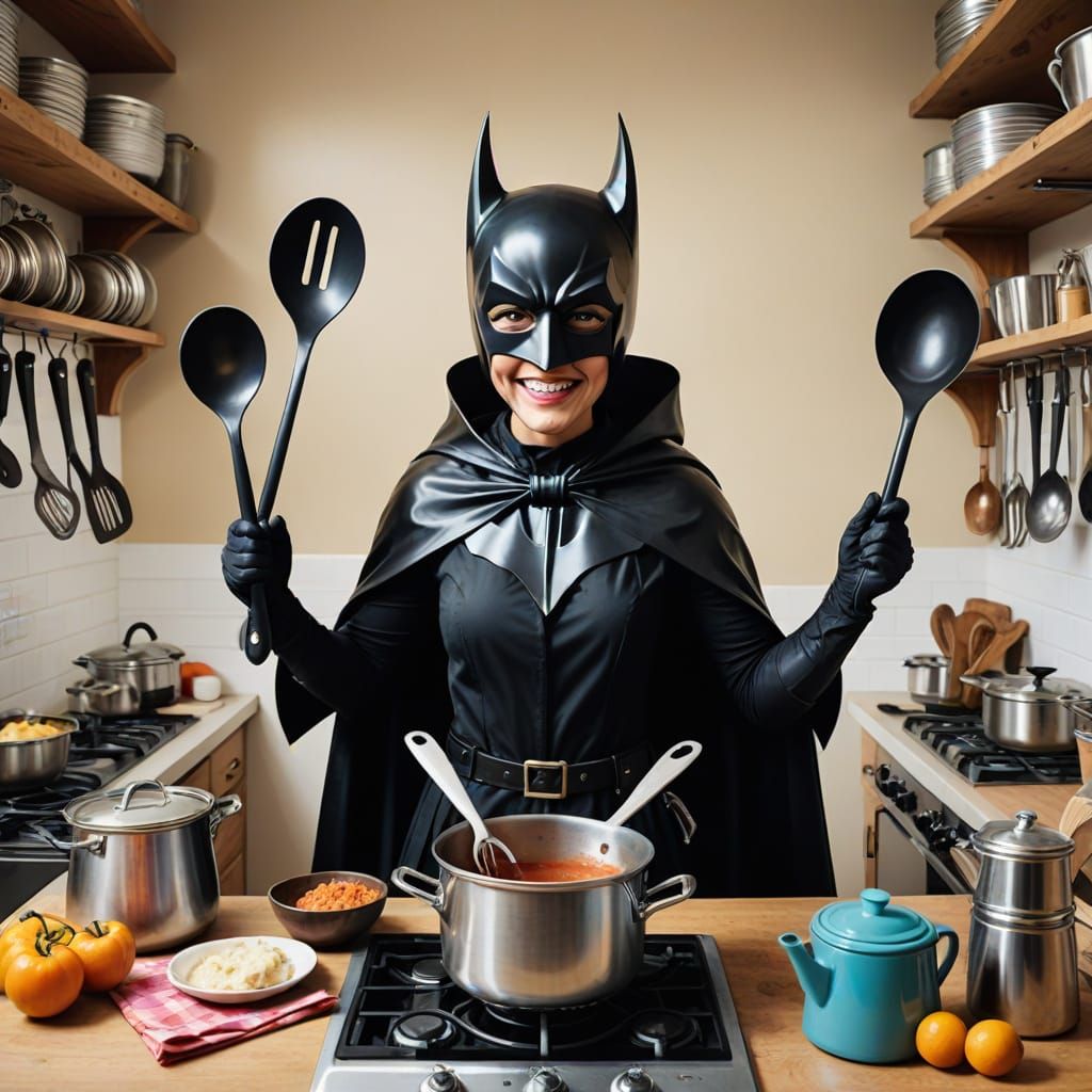 Whimsical Batmum Character Design with Kitchen Utensil Costu...