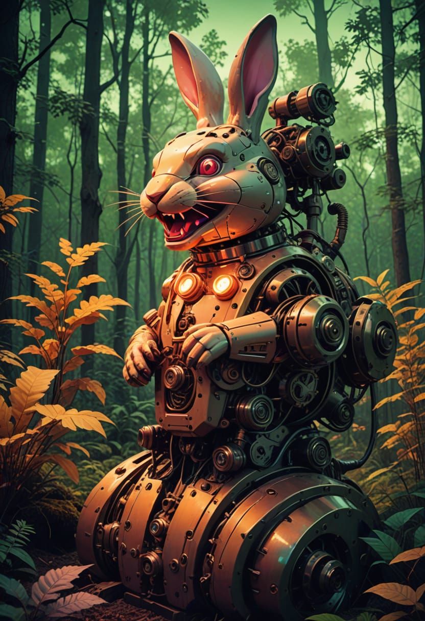 Eerie Synthwave Mechanical Rabbit in Forest