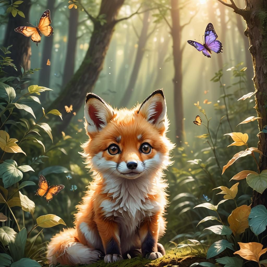Adorable Baby Fox Gazing at Butterfly: Whimsical Digital Art