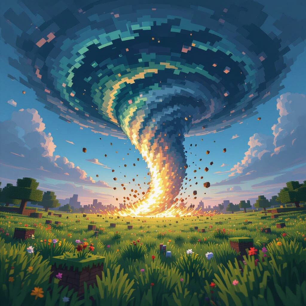 Minecraft Tornado: Surreal Digital Art Landscape