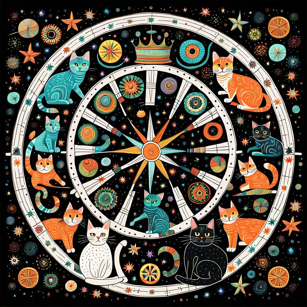 Cats in a Wheel Graphic Drawing in Folk Art Style